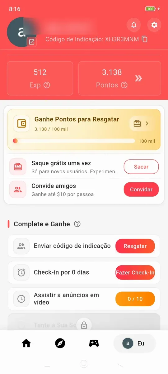 Perfil do FOCUS com 3.138 pontos, o saque grátis pra novos usuários e o código de indicação