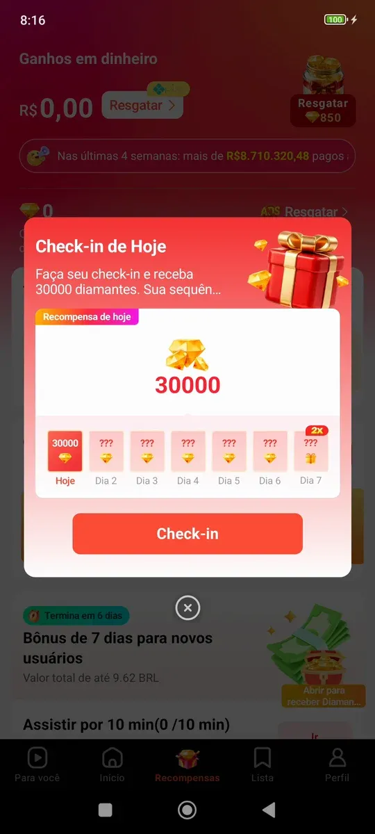 Check-in do primeiro dia no FreeReels valendo 30 mil diamantes