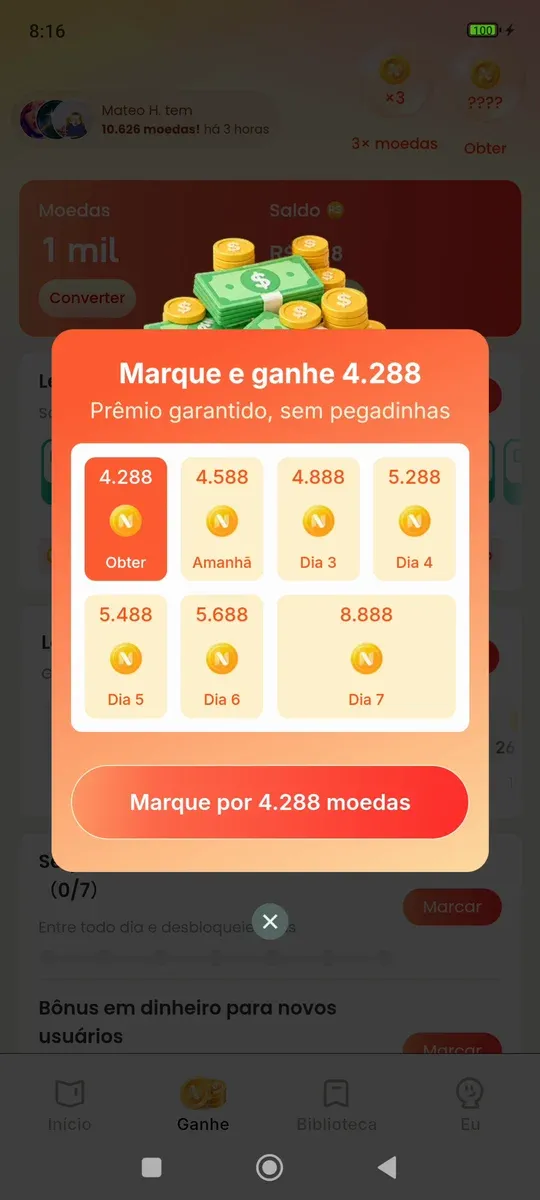 Calendário de check-in do Novelvio com 4.288 moedas no primeiro dia e 8.888 no sétimo
