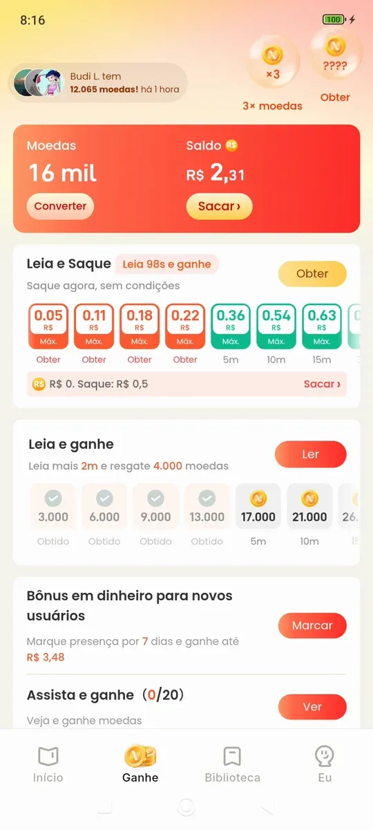 Aba de ganhar do Novelvio com 16 mil moedas e as etapas de leitura coletadas