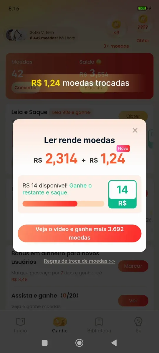 Tela de conversão do Novelvio mostrando R$ 1,24 em moedas trocadas