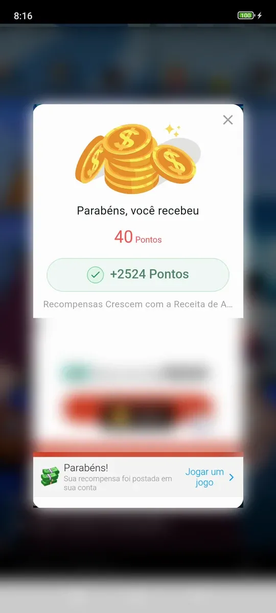 Tela do FOCUS mostrando 40 pontos do baú e mais 2.524 pontos do extra depois do anúncio