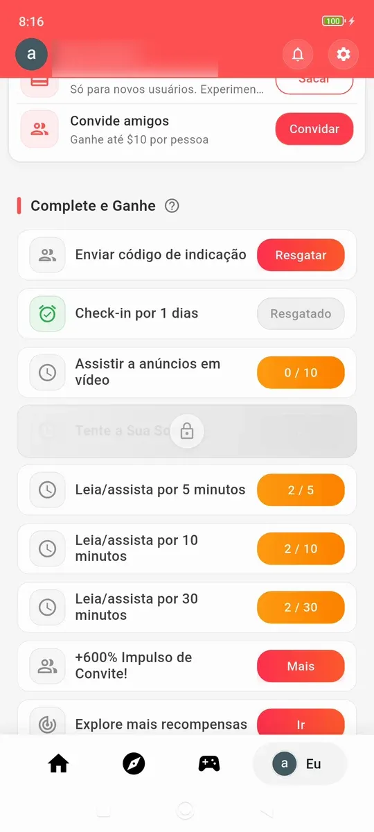 Lista de tarefas do FOCUS com check-in, anúncios e metas de 5, 10 e 30 minutos