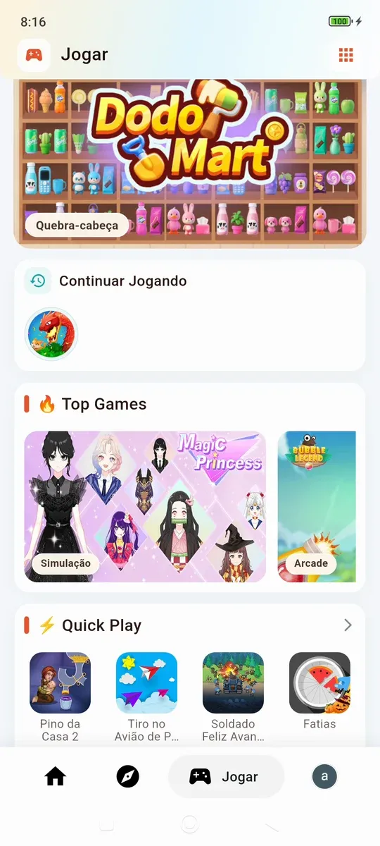 Aba de jogos do FOCUS com jogos de quebra-cabeça, simulação e arcade