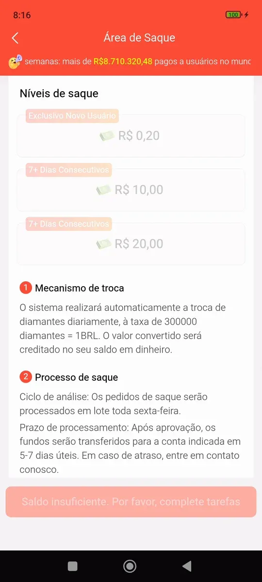 Níveis de saque do FreeReels com R$ 0,20, R$ 10 e R$ 20 e as regras de processamento