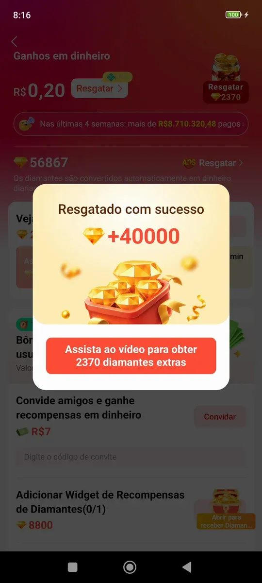 Resgate de 40 mil diamantes da tarefa de 15 minutos no FreeReels