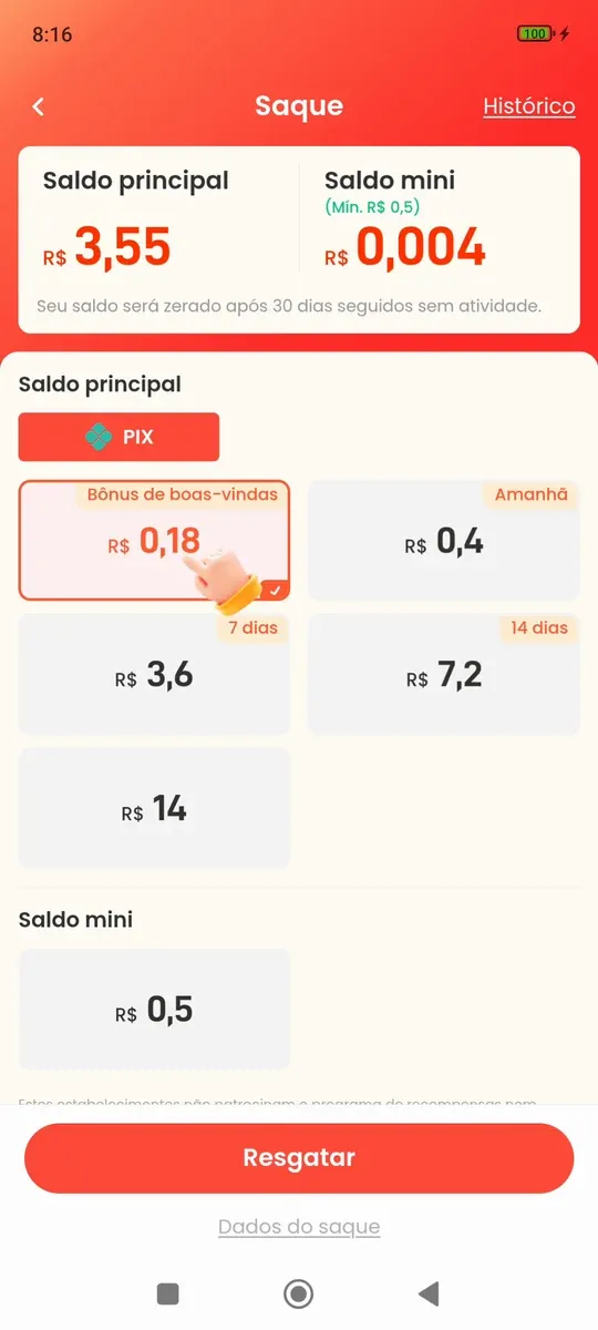 Tela de saque do Novelvio com saldo de R$ 3,55 e os valores de saque por Pix