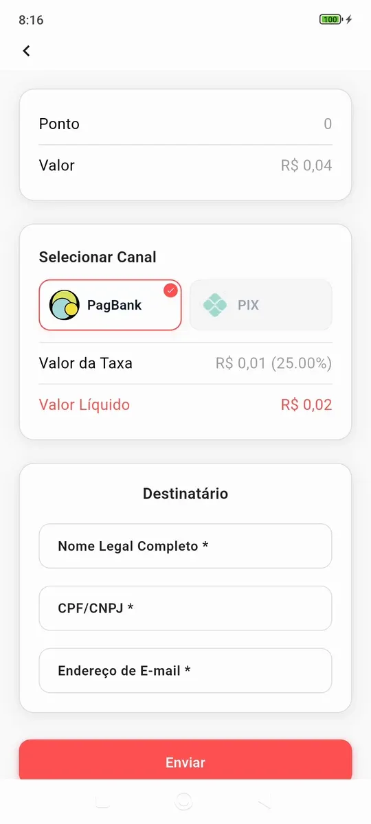 Tela de saque do FOCUS com os canais PagBank e Pix e a taxa de 25%