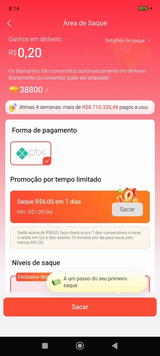 Área de saque do FreeReels com R$ 0,20 de saldo e o Pix como forma de pagamento