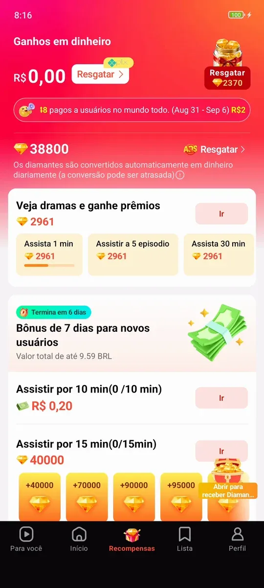 Lista de tarefas do FreeReels com as metas de 10 e 15 minutos